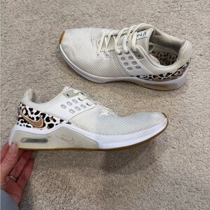Nike Women’s White Athletic Sneakers with Leopard and Gold Swoosh